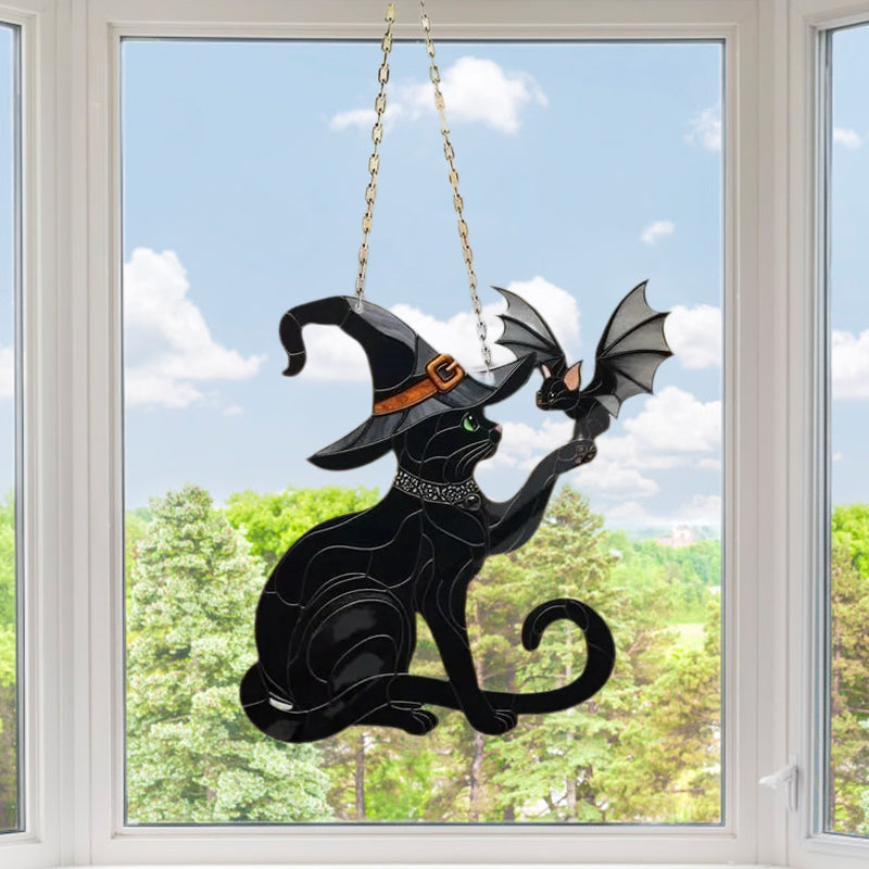 Schwarze Katze berührt Fledermaus am Fenster